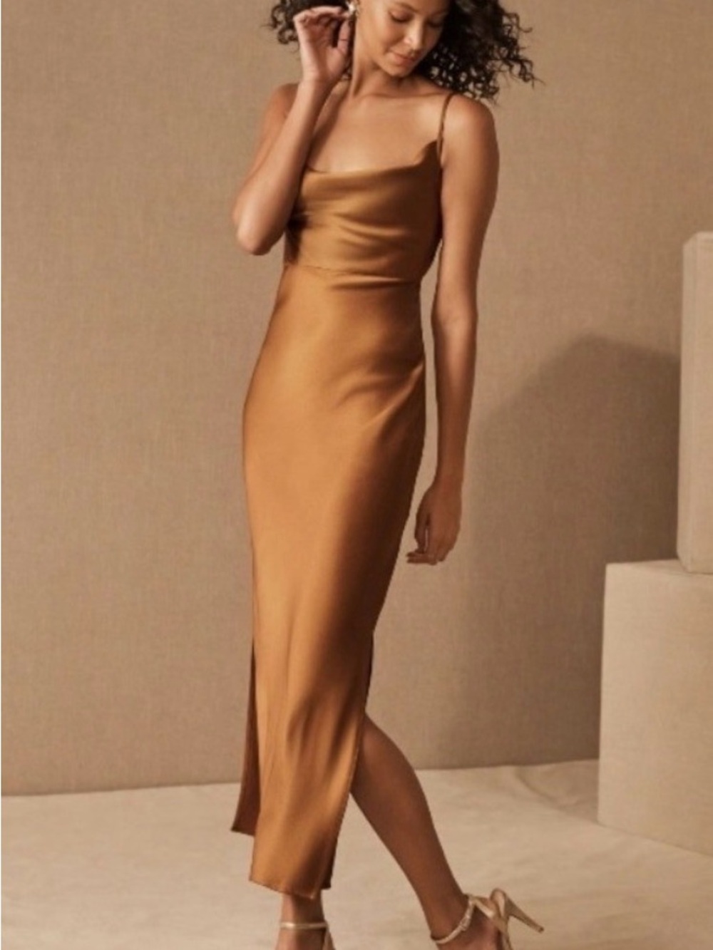 BHLDN Bronze Satin Cowl Slip Midi Dress